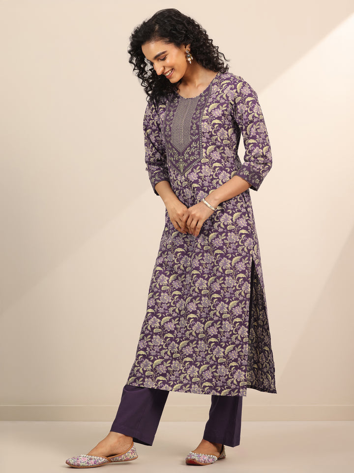 Purple Yoke Design Cotton Straight Suit Set With Dupatta