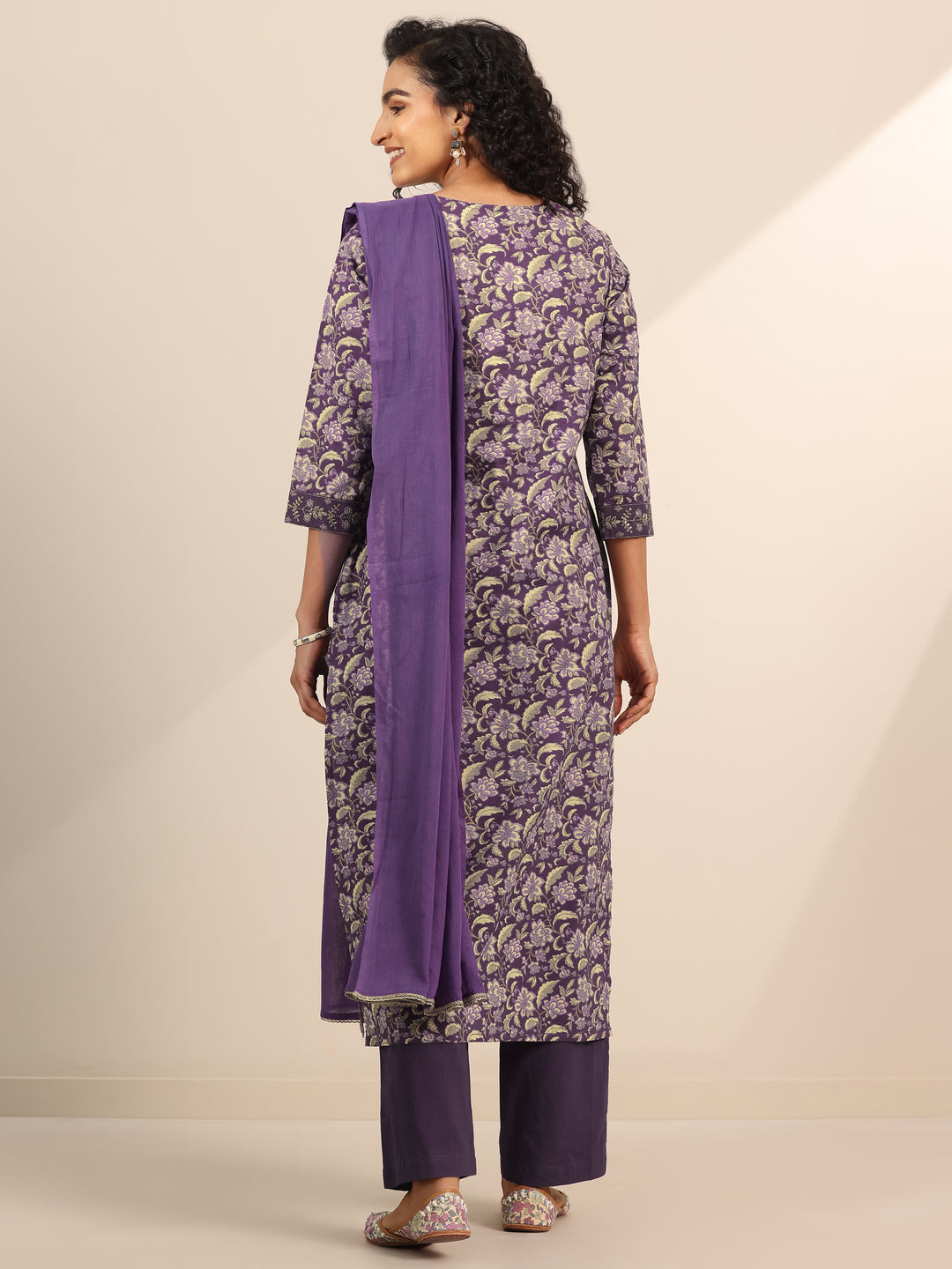 Purple Yoke Design Cotton Straight Suit Set With Dupatta
