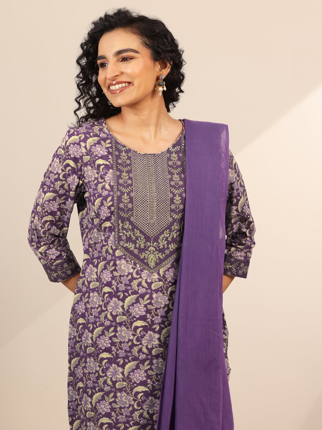 Purple Yoke Design Cotton Straight Suit Set With Dupatta