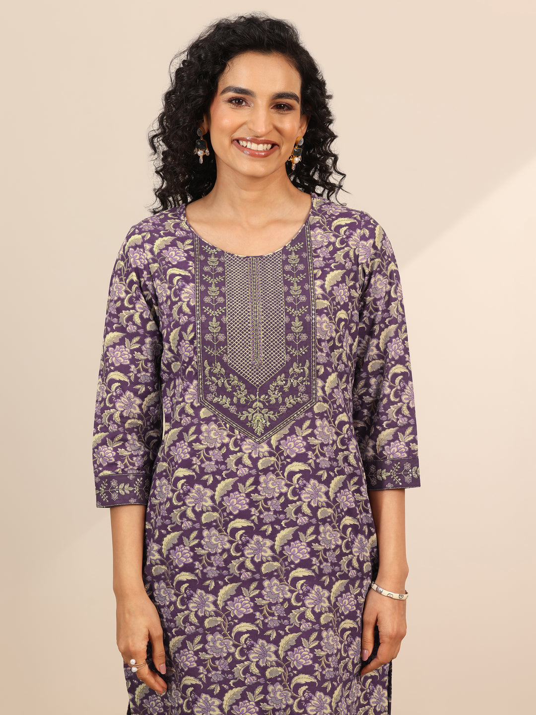 Purple Yoke Design Cotton Straight Suit Set With Dupatta