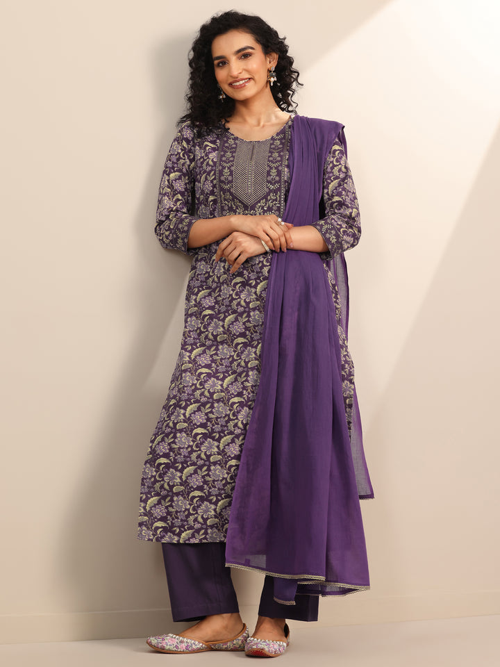 Purple Yoke Design Cotton Straight Suit Set With Dupatta