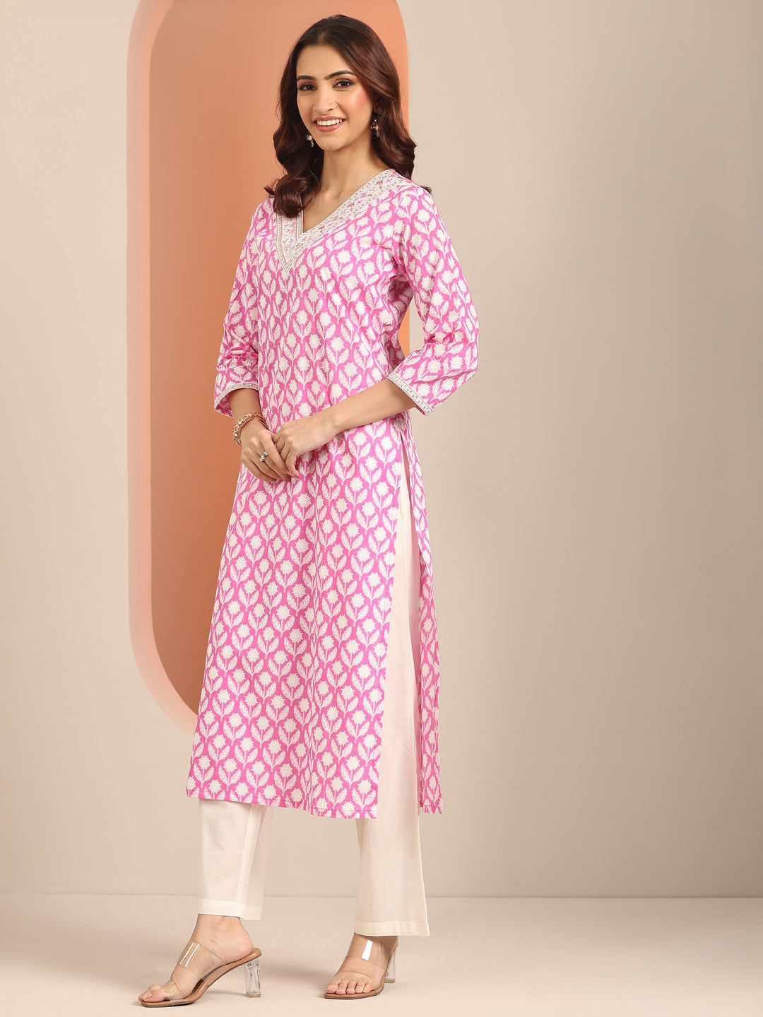 Pink Yoke Design Cotton Straight Suit Set With Dupatta