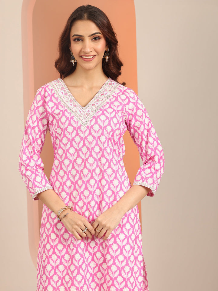 Pink Yoke Design Cotton Straight Suit Set With Dupatta