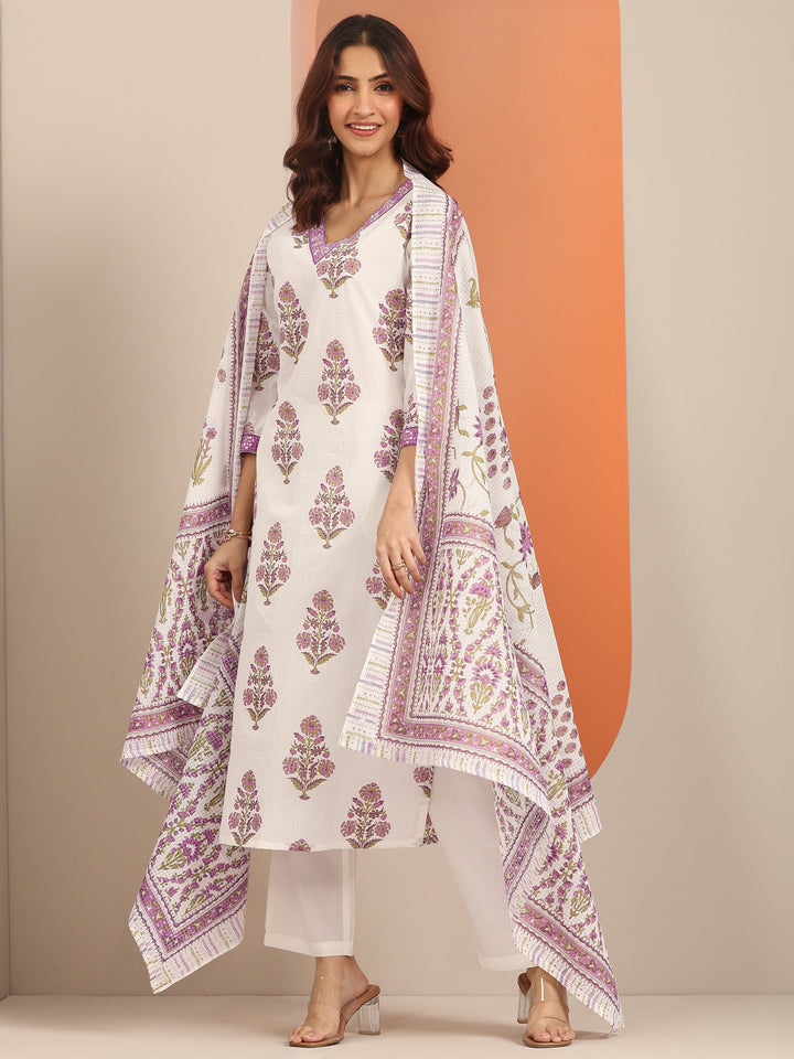 White Yoke Design Cotton Straight Suit Set With Dupatta