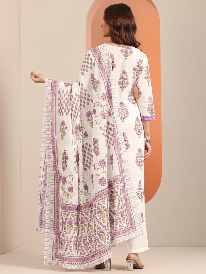 White Yoke Design Cotton Straight Suit Set With Dupatta