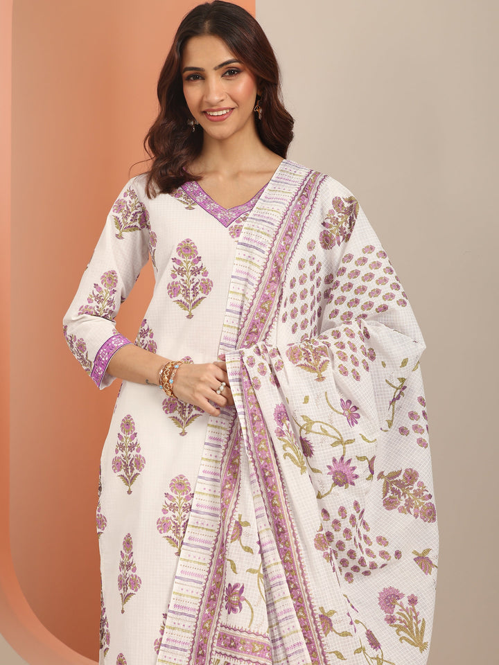 White Yoke Design Cotton Straight Suit Set With Dupatta