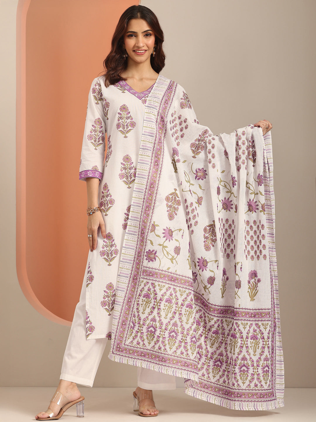 White Yoke Design Cotton Straight Suit Set With Dupatta