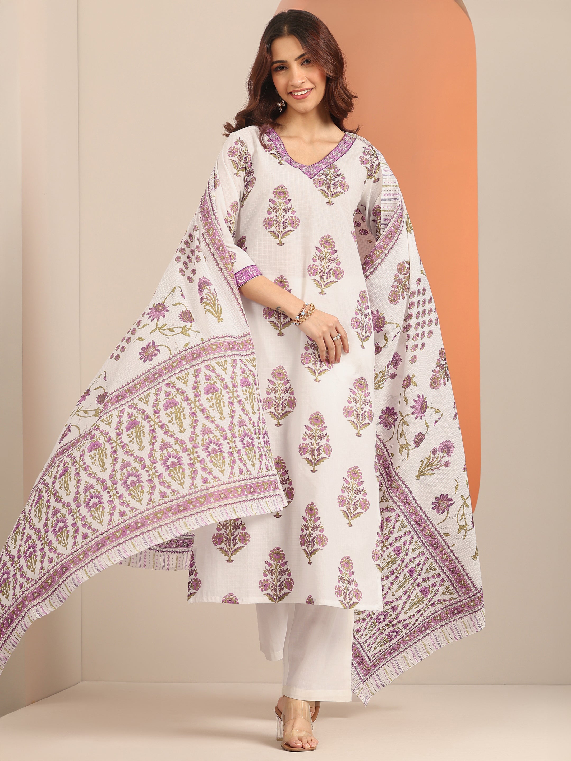 Off White Yoke Design Cotton Straight Suit With Dupatta