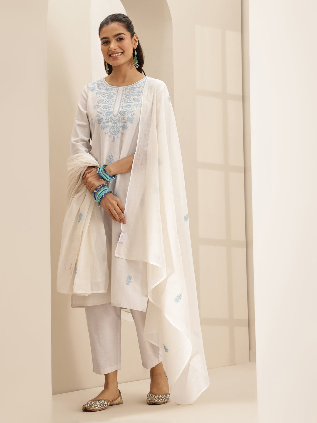 White Embroidered Cotton Blend Straight Suit Set With Dupatta
