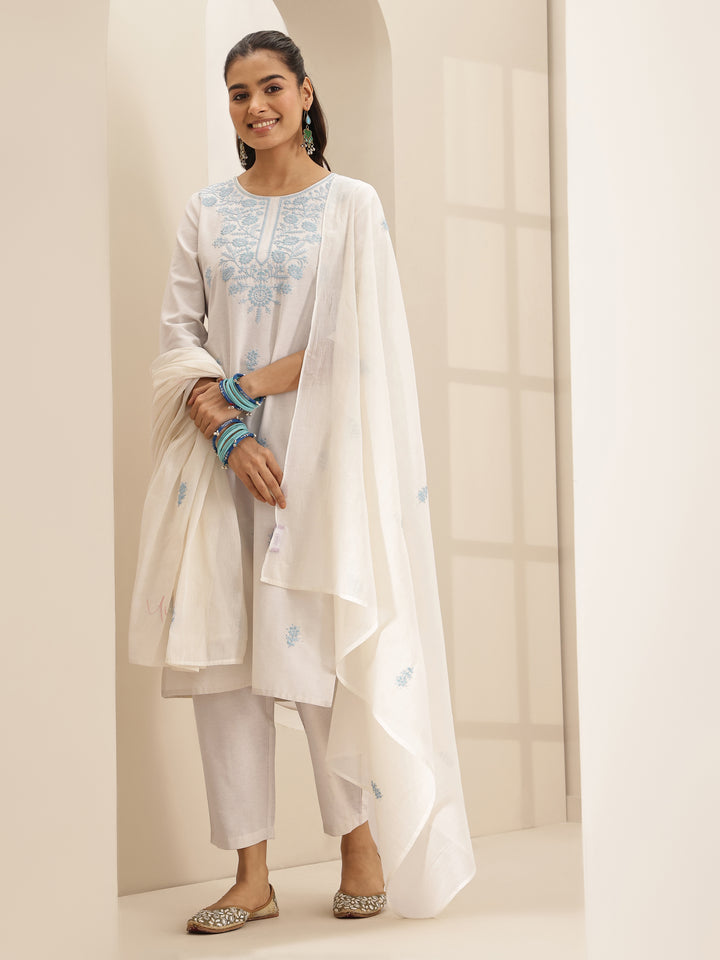 White Embroidered Cotton Blend Straight Suit Set With Dupatta