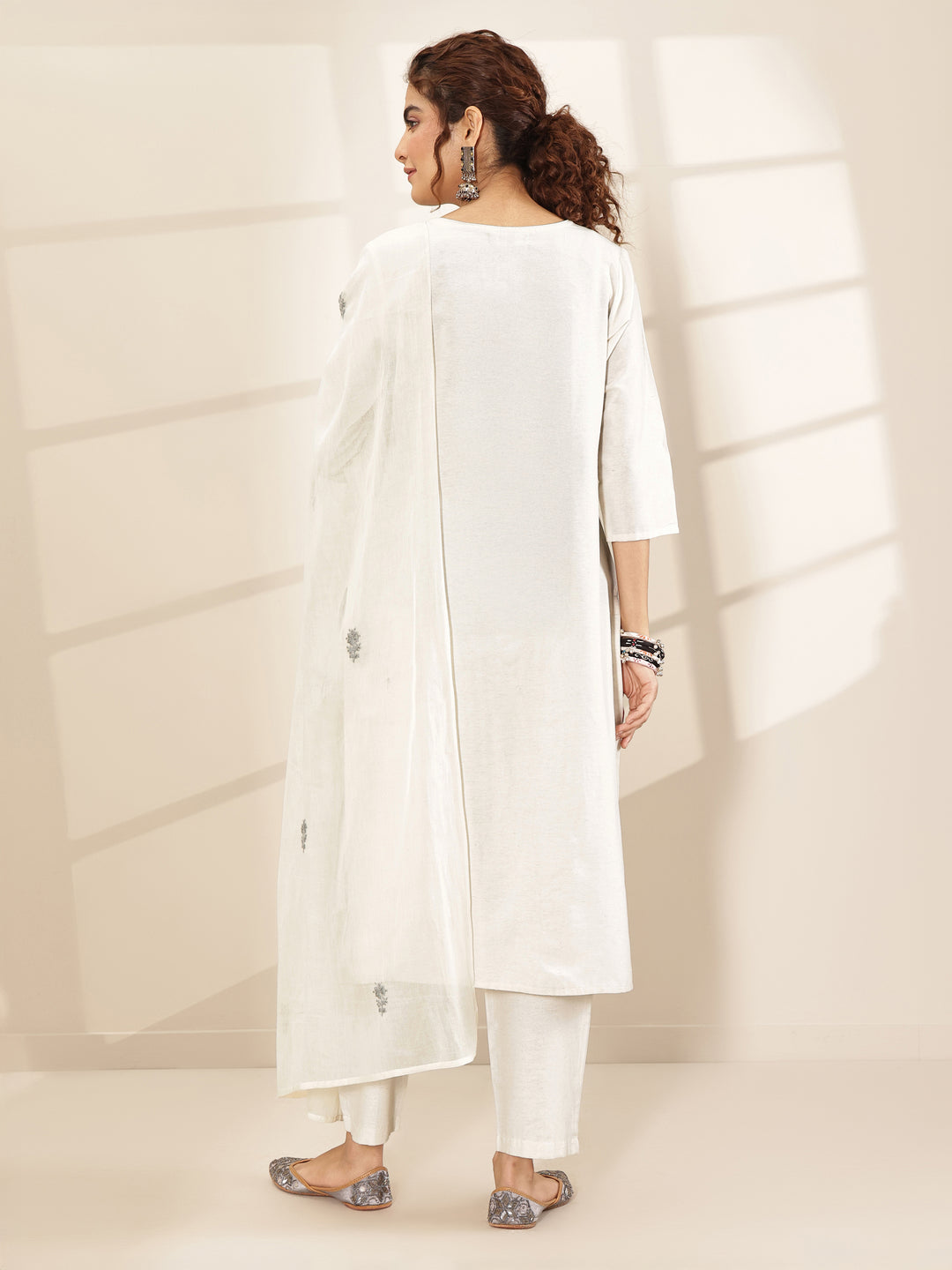 White Embroidered Cotton Blend Straight Suit Sets With Dupatta