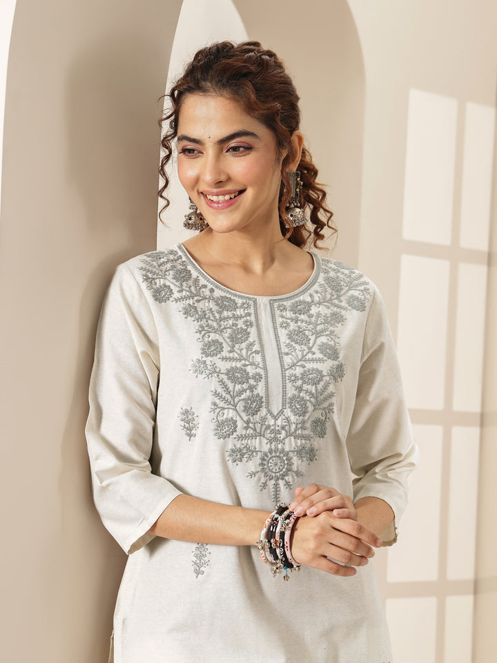 White Embroidered Cotton Blend Straight Suit Sets With Dupatta