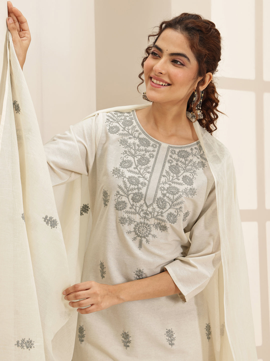 White Embroidered Cotton Blend Straight Suit Sets With Dupatta