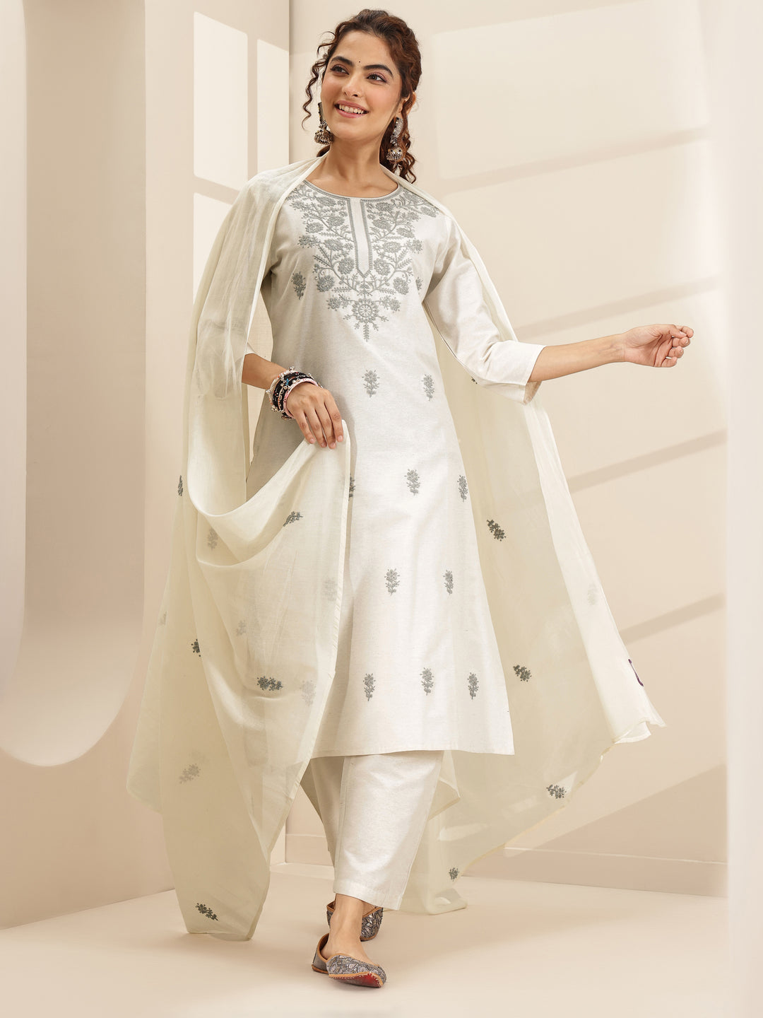 White Embroidered Cotton Blend Straight Suit Sets With Dupatta