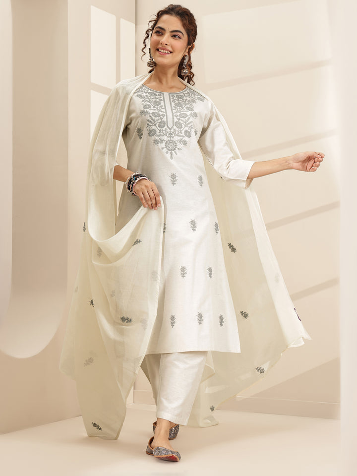 White Embroidered Cotton Blend Straight Suit Sets With Dupatta