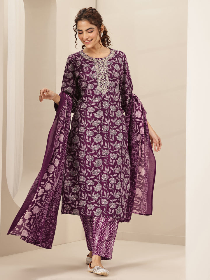Burgundy Printed Cotton Blend Straight Suit Sets With Dupatta