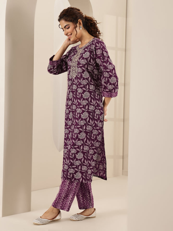 Burgundy Printed Cotton Blend Straight Suit Sets With Dupatta