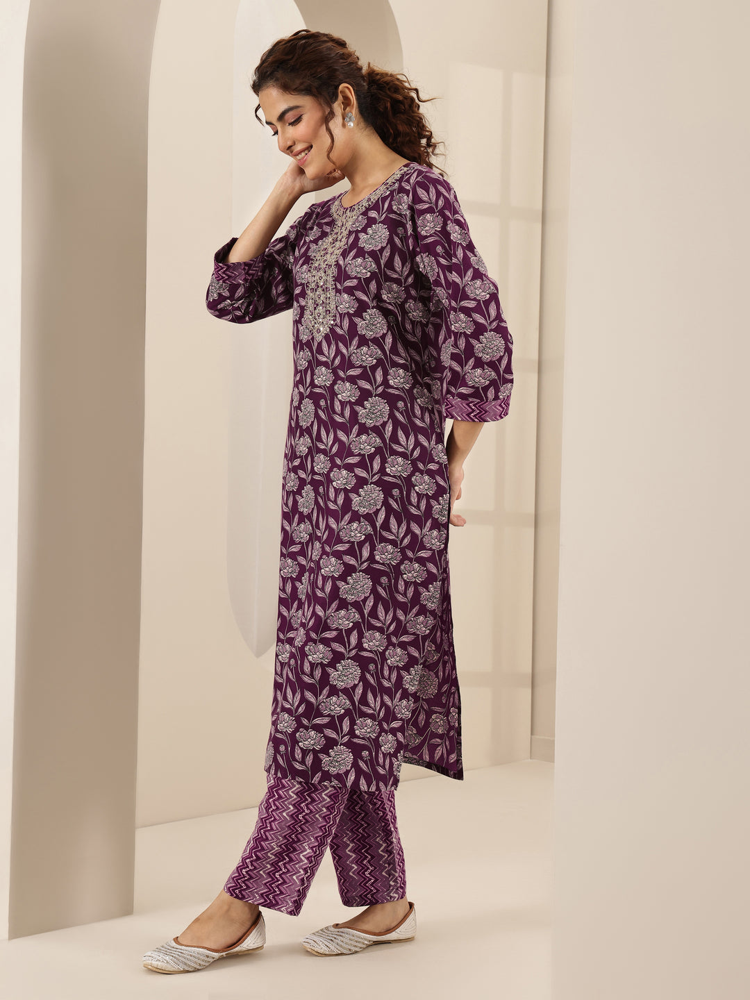 Burgundy Printed Cotton Blend Straight Suit Sets With Dupatta
