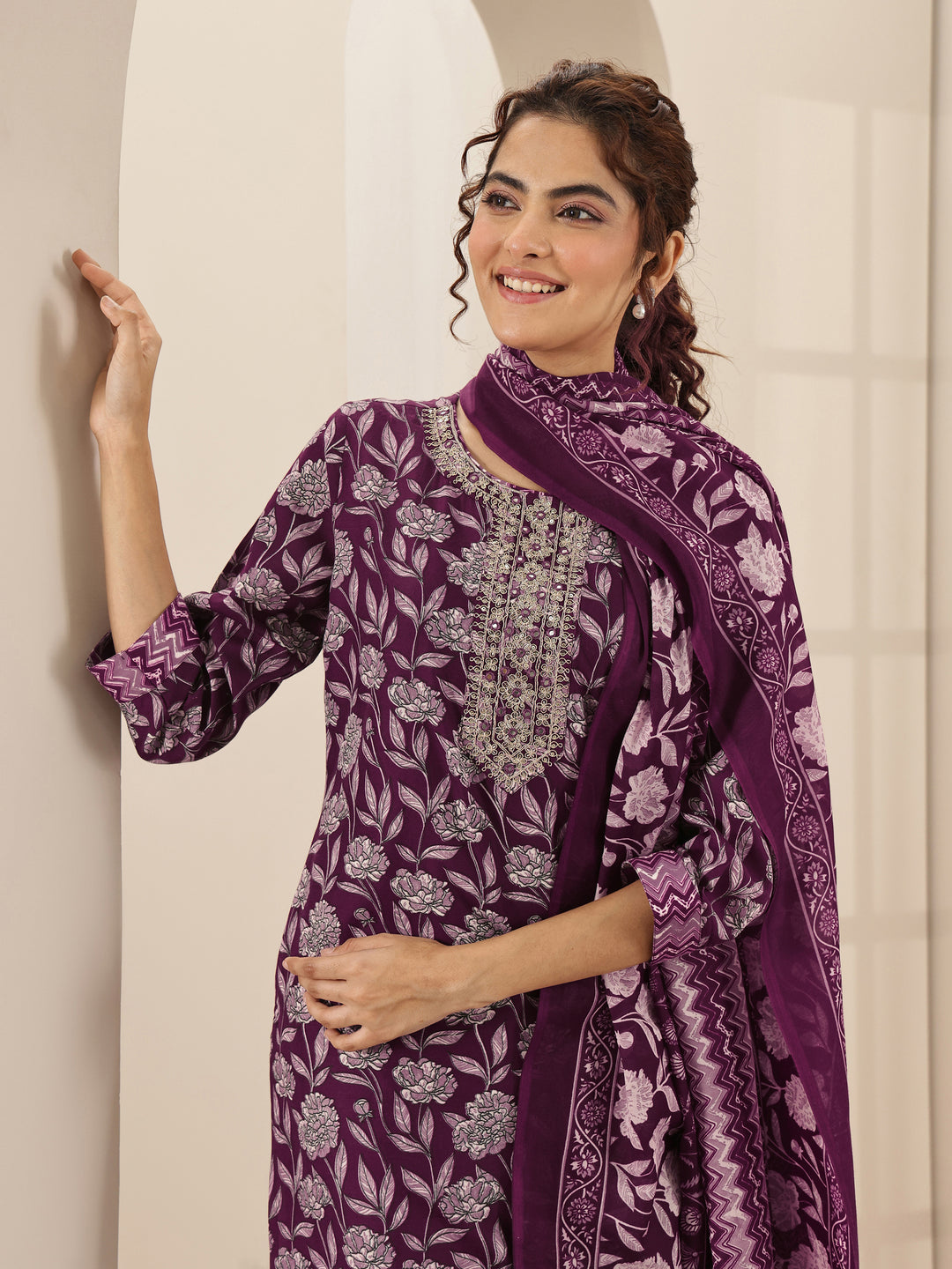 Burgundy Printed Cotton Blend Straight Suit Sets With Dupatta