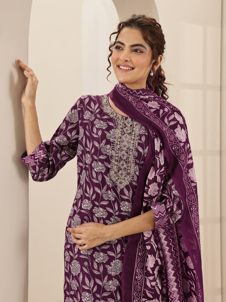 Burgundy Printed Cotton Blend Straight Suit Sets With Dupatta