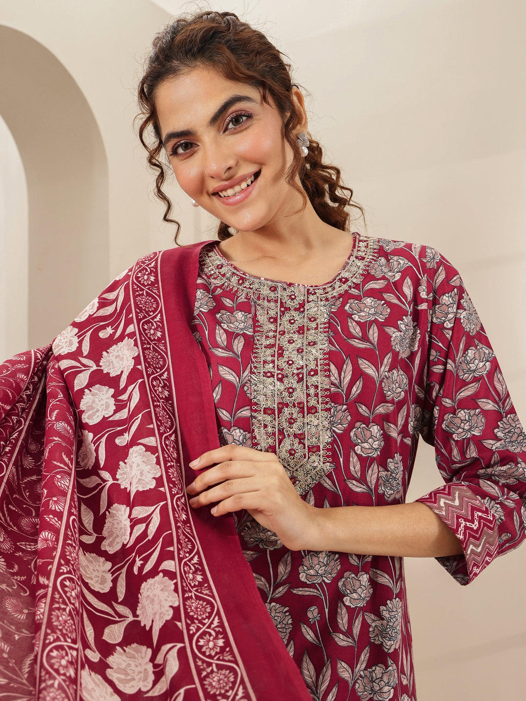 Maroon Printed Cotton Blend Straight Suit Sets With Dupatta
