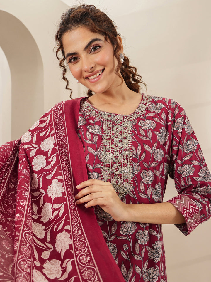 Maroon Printed Cotton Blend Straight Suit Sets With Dupatta