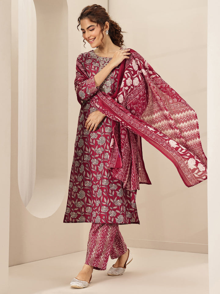 Maroon Printed Cotton Blend Straight Suit Sets With Dupatta