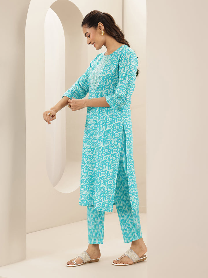 Turquoise Blue Printed Cotton Blend Straight Suit Sets With Dupatta