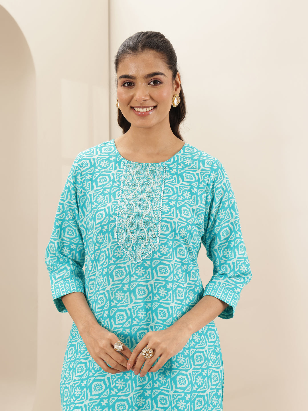 Turquoise Blue Printed Cotton Blend Straight Suit Sets With Dupatta