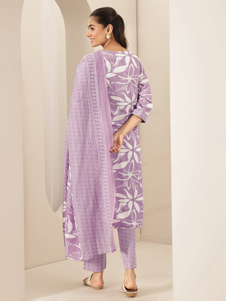 Mauve Printed Cotton Blend Straight Suit Sets With Dupatta