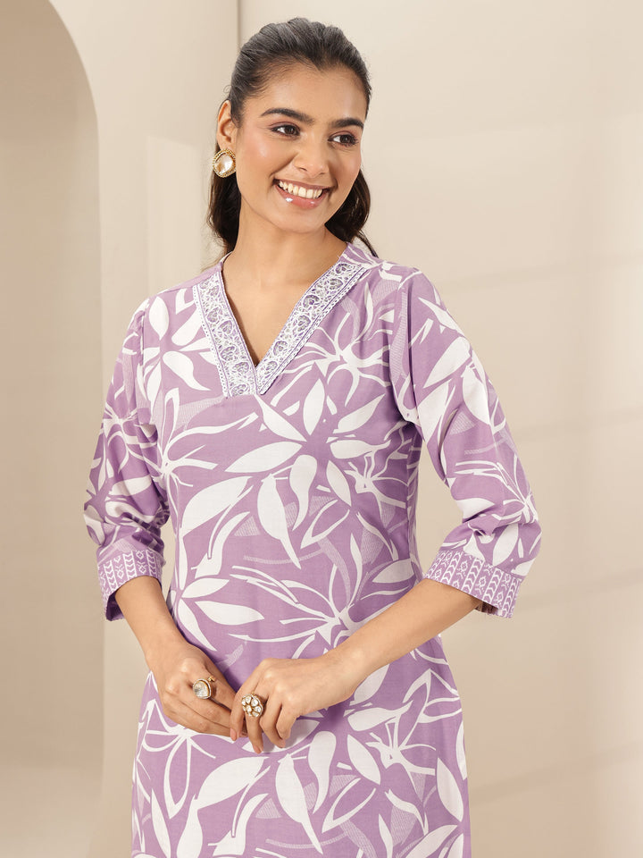 Mauve Printed Cotton Blend Straight Suit Sets With Dupatta