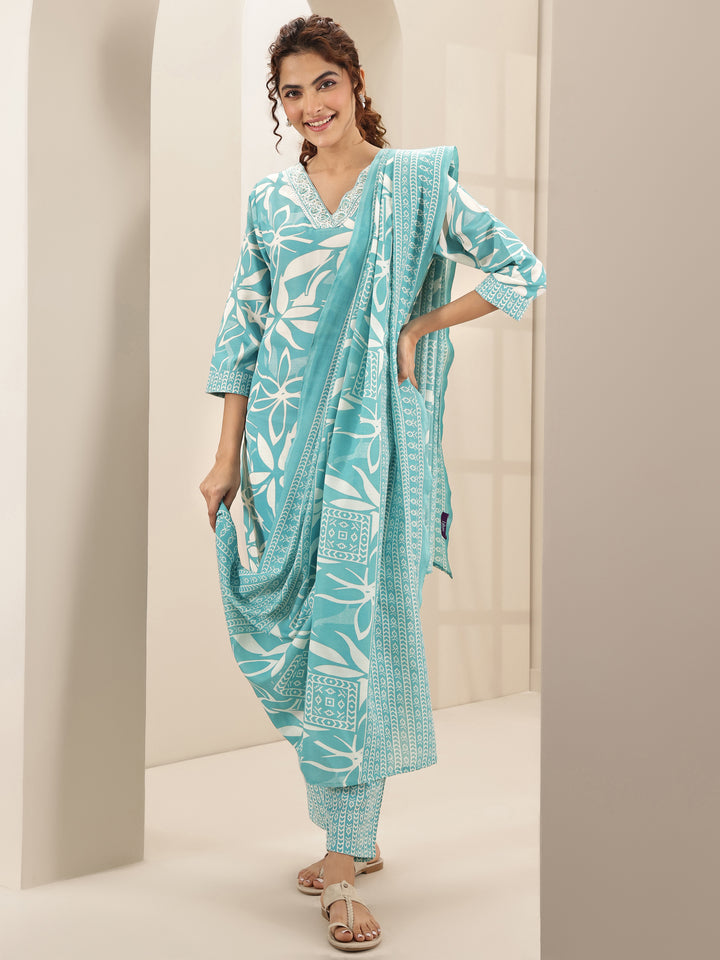 Turquoise Blue Printed Cotton Blend Straight Suit Sets With Dupatta