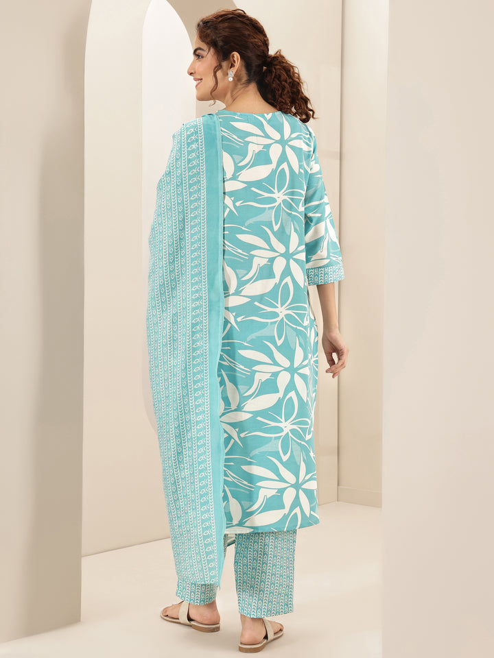 Turquoise Blue Printed Cotton Blend Straight Suit Sets With Dupatta