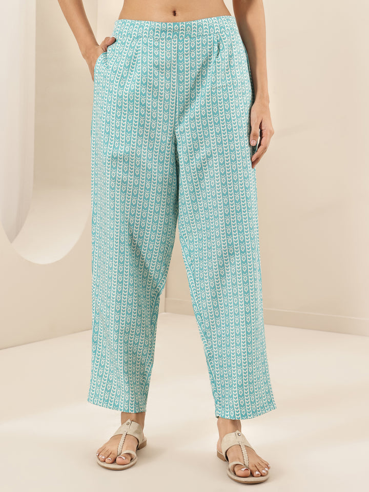 Turquoise Blue Printed Cotton Blend Straight Suit Sets With Dupatta