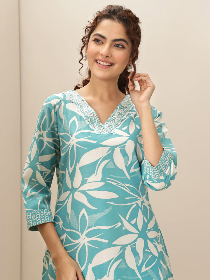 Turquoise Blue Printed Cotton Blend Straight Suit Sets With Dupatta
