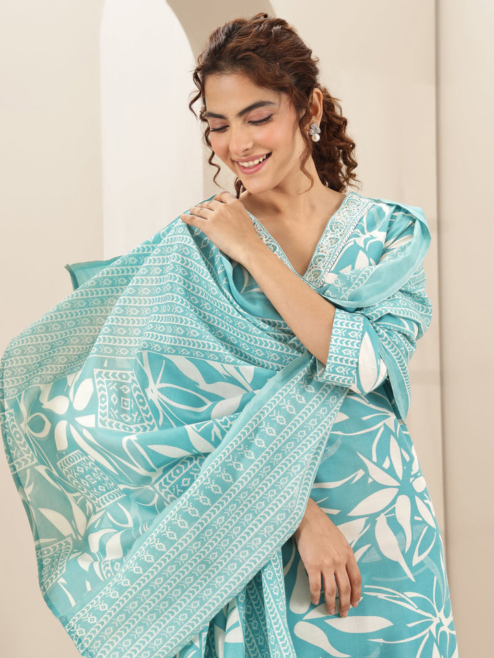 Turquoise Blue Printed Cotton Blend Straight Suit Sets With Dupatta