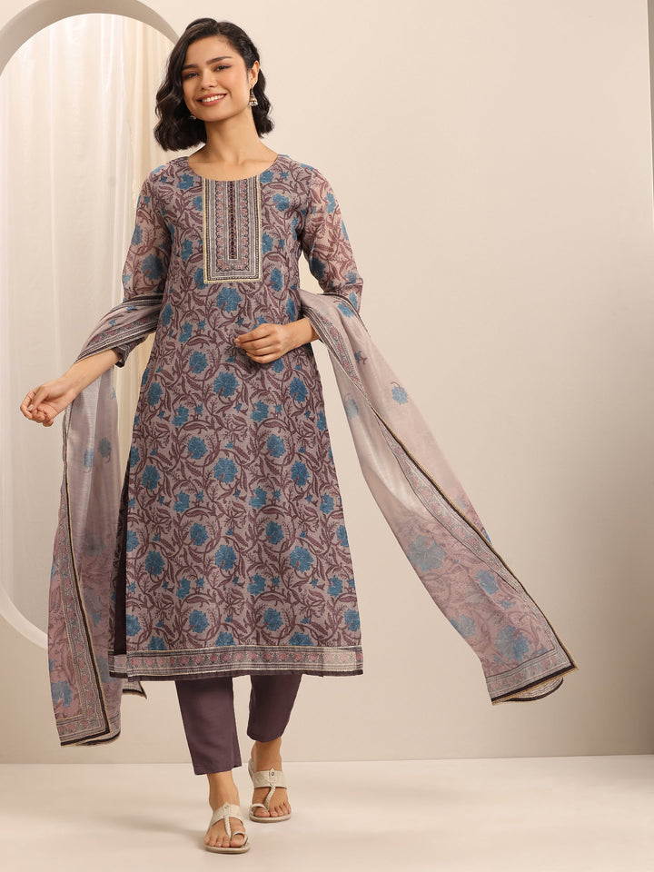Brown Printed Silk Blend Straight Suit Set With Dupatta