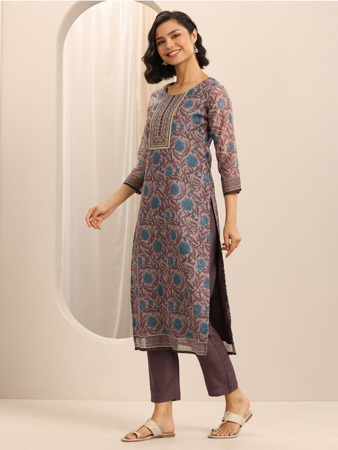 Brown Printed Silk Blend Straight Suit Set With Dupatta