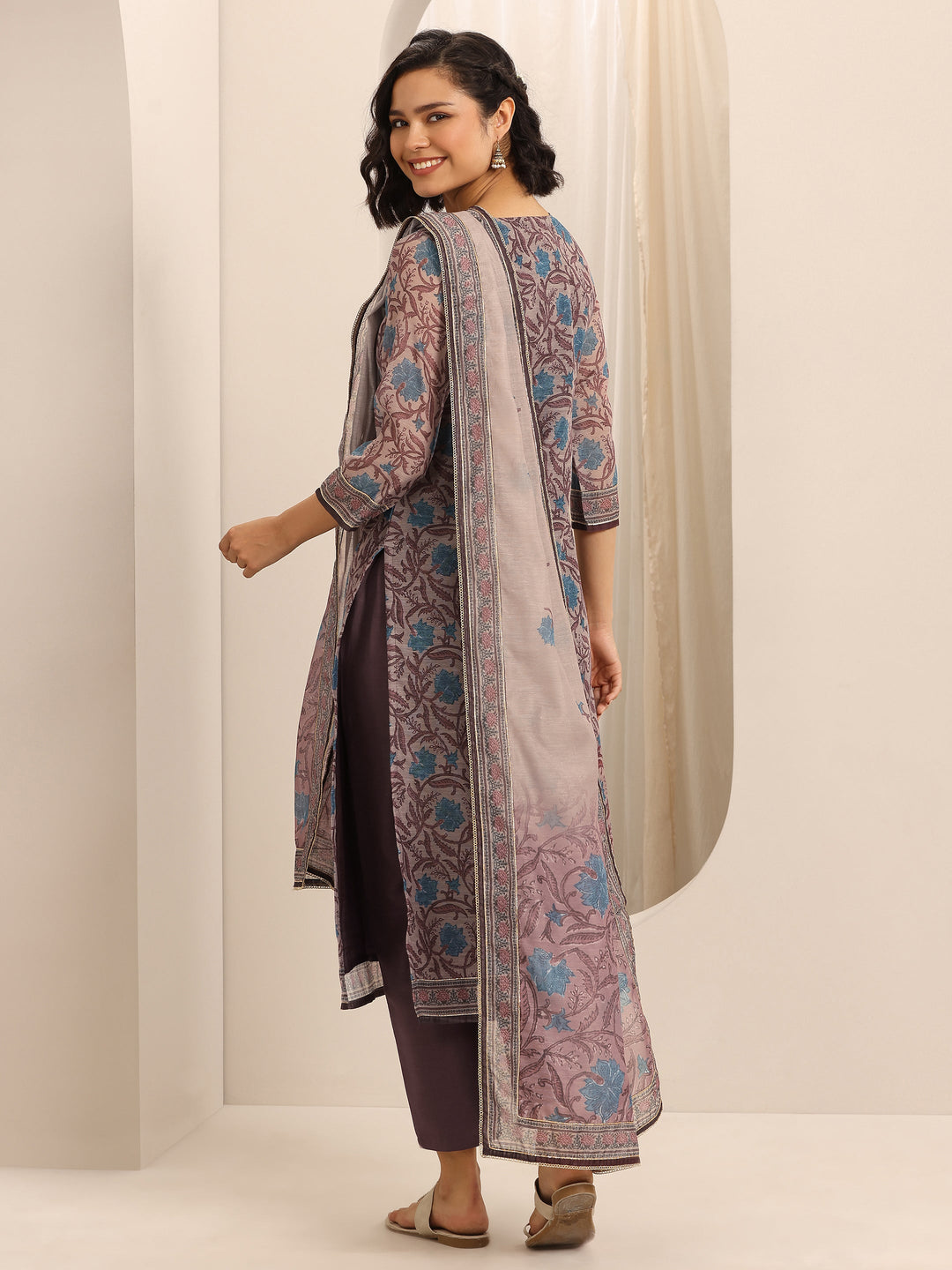 Brown Printed Silk Blend Straight Suit Set With Dupatta