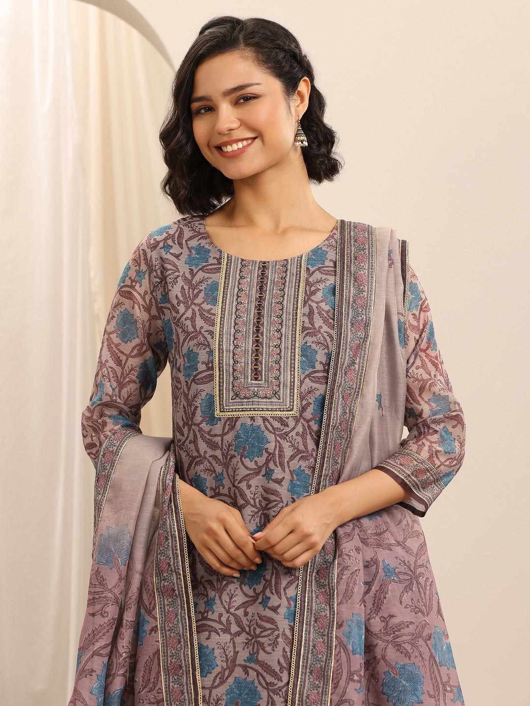 Brown Printed Silk Blend Straight Suit Set With Dupatta