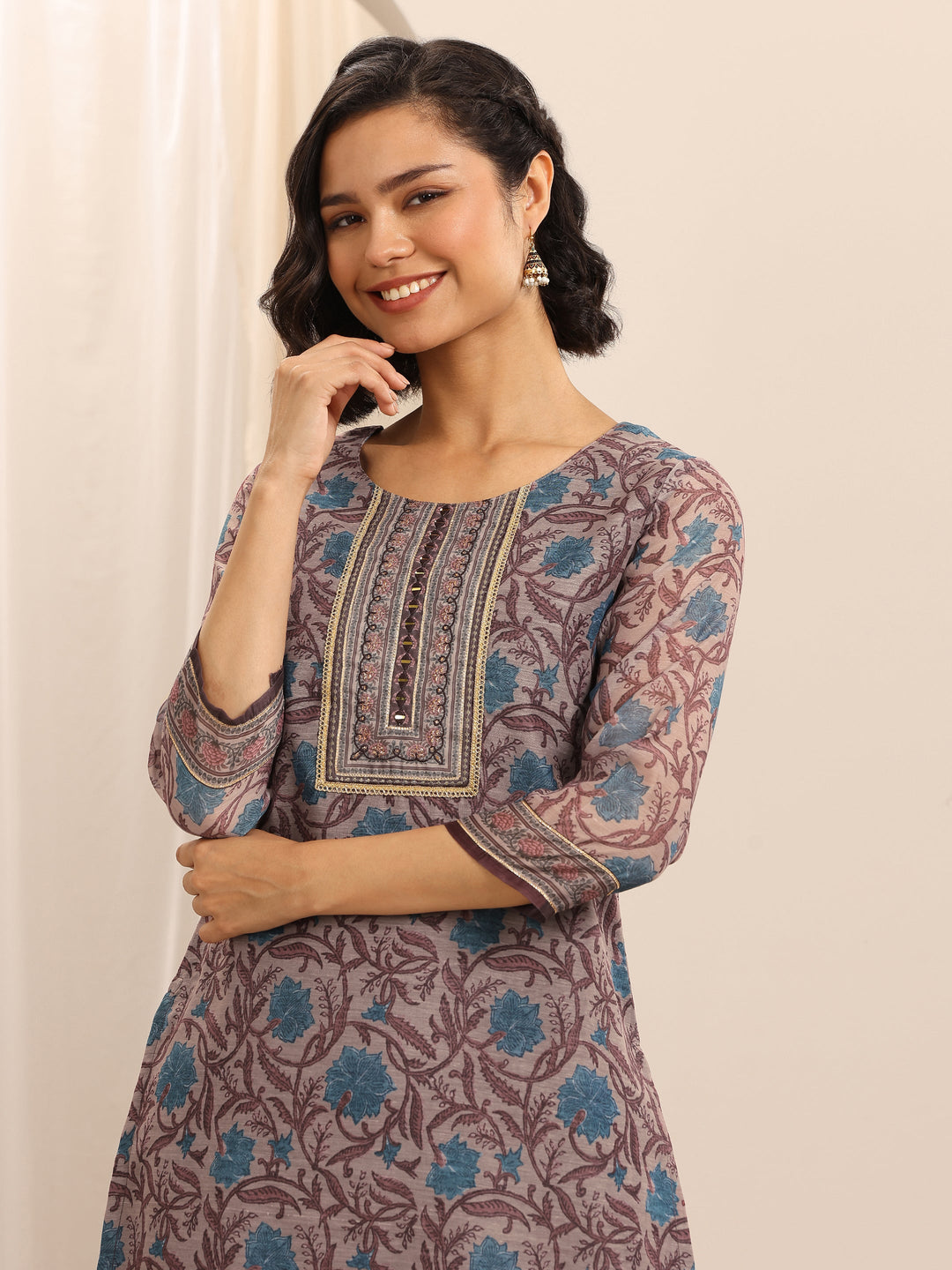 Brown Printed Silk Blend Straight Suit Set With Dupatta