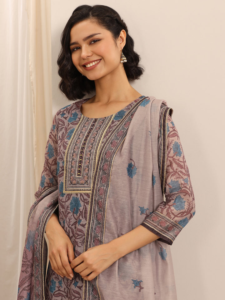 Brown Printed Silk Blend Straight Suit Set With Dupatta