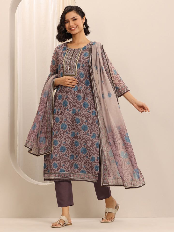 Brown Printed Silk Blend Straight Suit Set With Dupatta