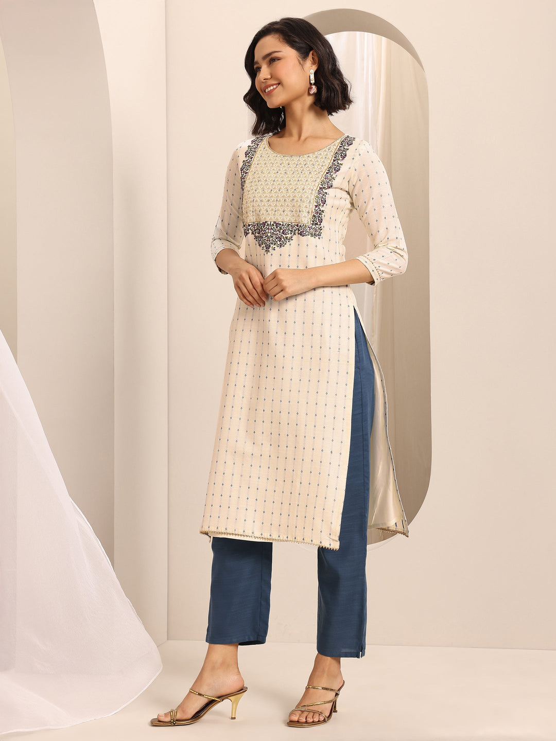 White Woven Cotton Blend Straight Suit Set With Dupatta