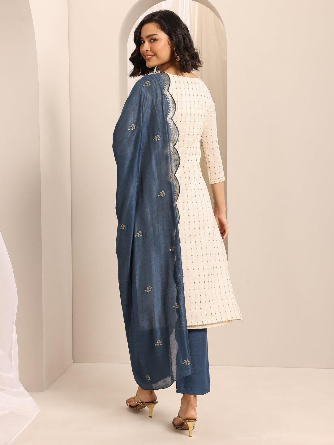 White Woven Cotton Blend Straight Suit Set With Dupatta