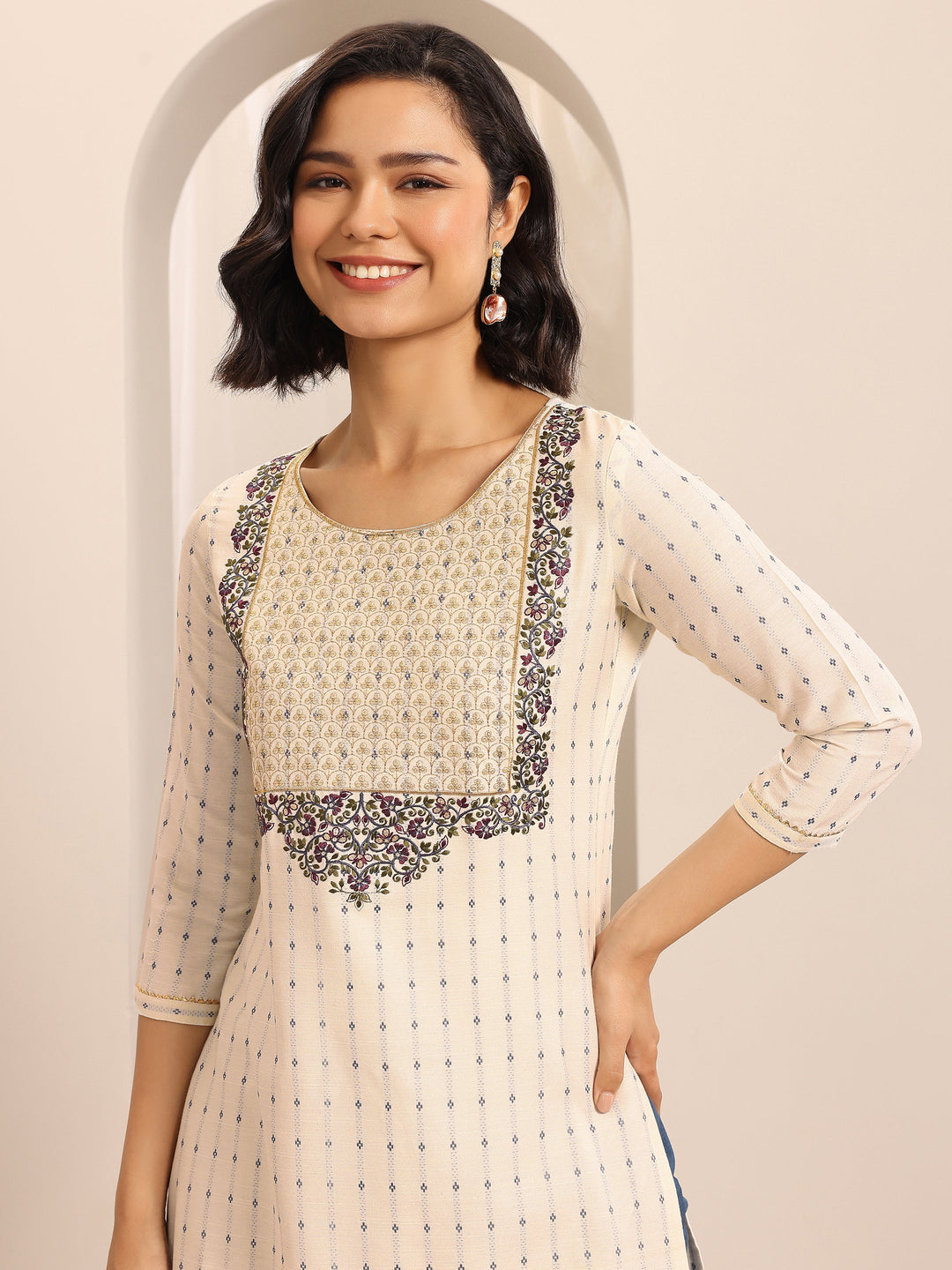 White Woven Cotton Blend Straight Suit Set With Dupatta