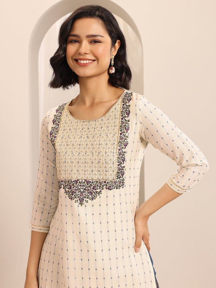 White Woven Cotton Blend Straight Suit Set With Dupatta