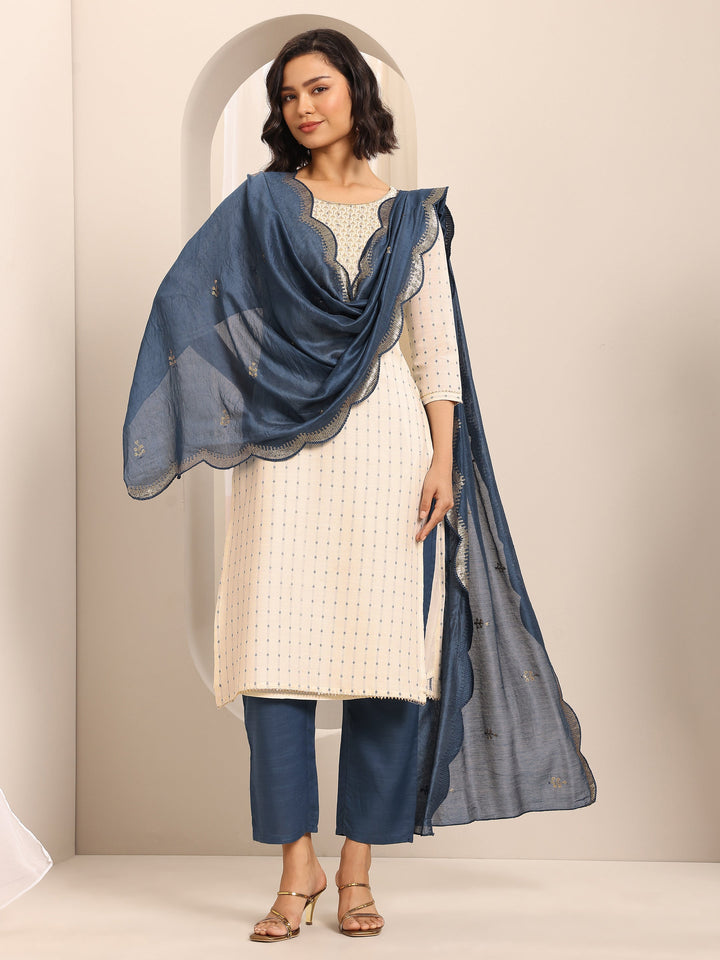 White Woven Cotton Blend Straight Suit Set With Dupatta