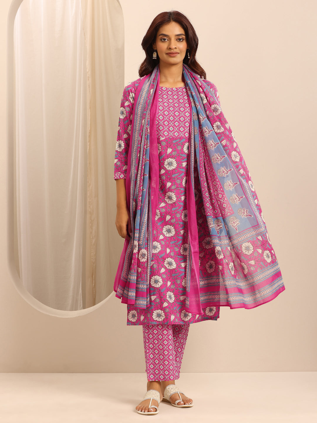 Pink Printed Cotton Blend Straight Suit Set With Dupatta