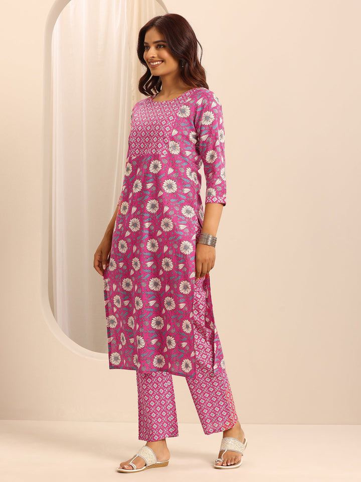 Pink Printed Cotton Blend Straight Suit Set With Dupatta